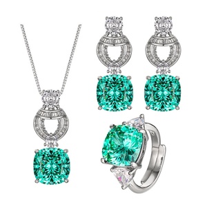 Wholesale Eco-friendly Copper 12*12MM Emerald Green Cubic Zirconia Pendant <b>Earrings</b> Ring Jewellery <b>Set</b> for Women - Product Image 1