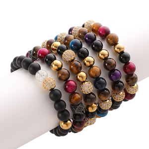Bracciale Intrecciato a Mano di Alta Qualità con Perline di Strass Incastonate e Pietre Colorate di Occhio di Tigre da 8 mm, Nero Naturale - Product Image 5