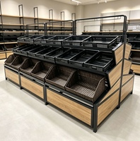 Supermarkt apparatuur voor fruit en groenten, goede prijs, winkelrek met 3 lagen en manden, versproducten presentatietafel