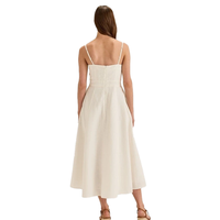 Robe midi décontractée en lin blanc crème pour femme, à bretelles spaghetti, col en V, avec cordon de serrage à la taille et franges, idéale pour la plage, vente en gros