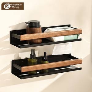 Estante de Almacenamiento Premium para Montar en la Pared, Marco de Metal Negro con Acentos de Madera de Nogal, Organizador para Baño y Cocina - Product Image 4