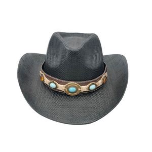 Vintage Straw Cowboy <b>Hat</b> Wide Brim Sun <b>Hat</b> with Decorative Leather Band - Product Image 2