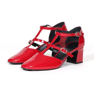 Mid Heel Red Patent Leather Retro T-Strap Mary Jane Lolita Shoes Women Dress Pumps
