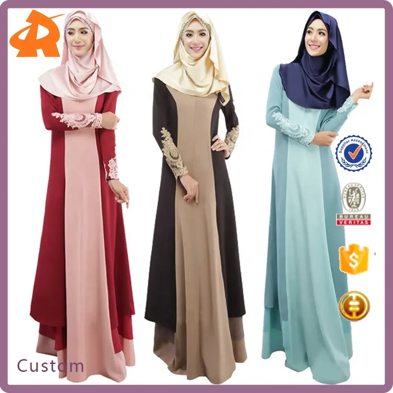 カスタムファッションデザインイスラム教徒の女性カフタンアバヤイスラムドレスOネック長袖シフォン床の長さのドレス