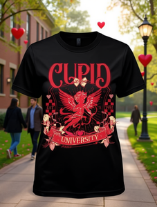 T-shirt da donna taglie forti Cupid University a maniche corte girocollo rosso e nero con grafica di San Valentino, abbigliamento casual primaverile - Product Image 2