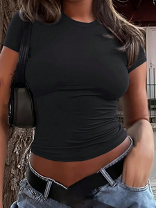 Girocollo a tracolla destra <span class=keywords><strong>manica</strong></span> corta da <span class=keywords><strong>donna</strong></span> 2024 estate nuova t-shirt Slim Short Top Versatile - Product Image 3