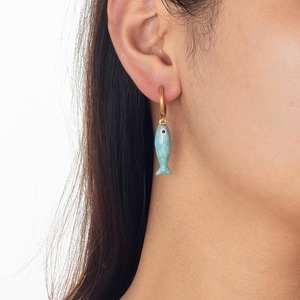 Pendientes Colgantes de Acero Inoxidable con Baño de Oro de 18K, Diseño de Pez Marino, Esmalte Azul, Antideslustre, Venta al por Mayor - Product Image 2