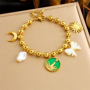Fashion Charm Bracelet Gold Plated Moon Sun Bow Pearl Chain Zinc Alloy Gift Jewelry B1580 - Product Image 1