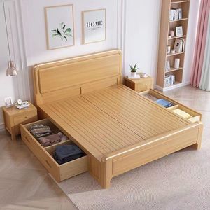 Letto Matrimoniale di Lusso in Legno Massello di Faggio, Stile Moderno Minimalista, con Contenitore, 1.2/1.35/1.5/1.8m, Smontabile, per Camera da Letto Matrimoniale - Product Image 2