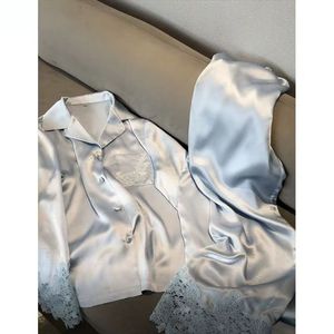 Groothandel op maat gemaakte luxe kant lange mouwen satijnen pyjama's dames 2-delig geborduurde zijden slaap- en loungekleding set OEM ODM privélabel - Product Image 3
