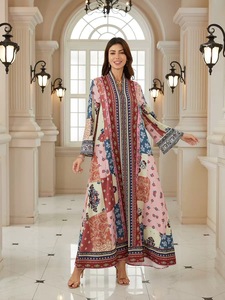 Nouvelle Abaya Florale Turque <span class=keywords><strong>pour</strong></span> <span class=keywords><strong>Femme</strong></span>, Robe de Soirée de Mariage Brodé, Silhouette Droite, Vêtement Islamique Musulman, Col en V, Aïd - Product Image 5