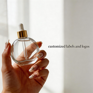 Botellas de Vidrio Redondas y Planas de 50 ml con Gotero, para Esencias Cosméticas y Lociones, Botellas con Gotero Doradas, Botellas Transparentes Negras Personalizadas con Caja de Empaque - Product Image 6