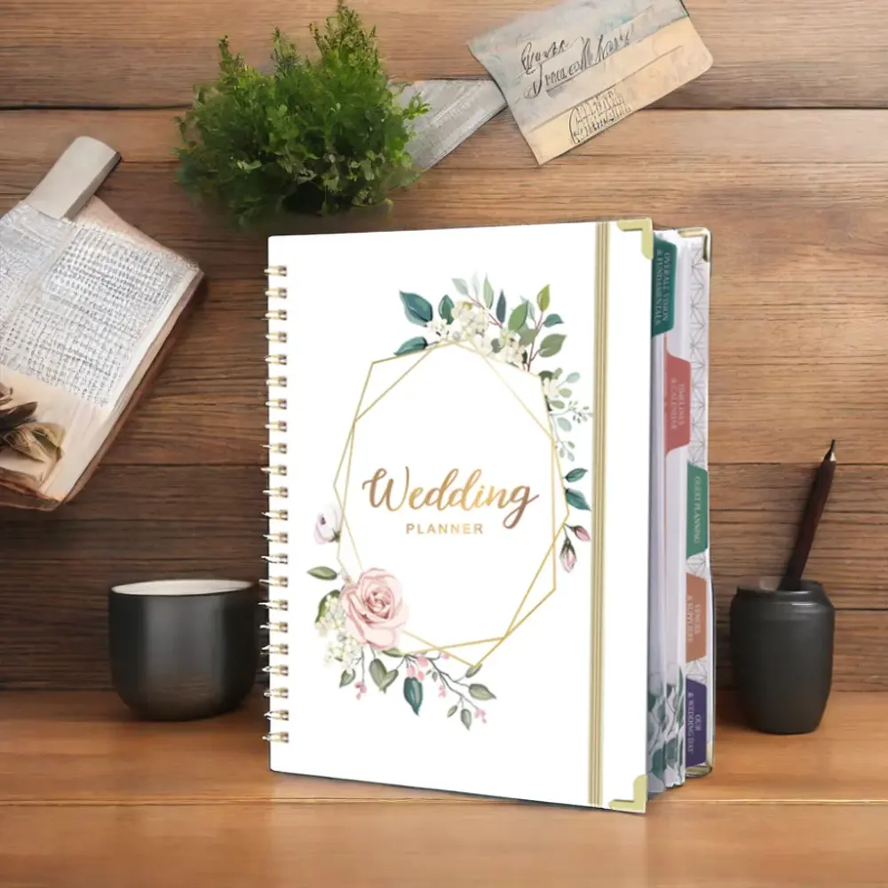 Cuadernos Catálogo Impresión de transferencia personalizada Hoja de oro rosa Organizador en espiral Diario de tapa dura Cuaderno Planificador de bodas