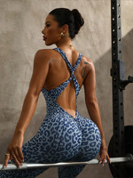 Combinaison de yoga sans couture pour femme, imprimé léopard, dos nu, moulante, très élastique, pour le fitness et le sport, une pièce, taille haute