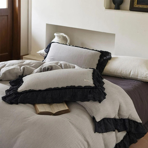 Custom French Pure Linen Yarn-dyed Stripe <strong>Ruffled</strong> Linen Bedding <strong>Set</strong> - Product Image 4