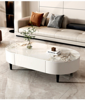 Table basse en dalle de pierre avec structure en bois massif, style nordique, pour salon, petit appartement, design ovale, minimaliste, sur pied