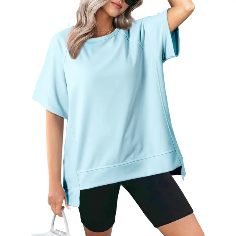 Camiseta para mulheres com logotipo personalizado por atacado de algodão azul claro 300 g/m2 para mulheres, camisetas grandes de ombro caído