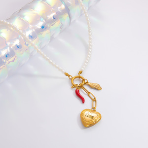 Collar de perlas de acero inoxidable con colgante de corazón, texto personalizable, regalo de joyería para mujer, cadena para clavícula - Product Image 4