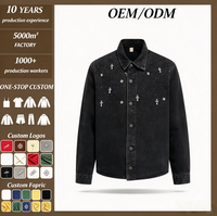 Nouvelle veste bomber en jean streetwear ample et délavée, style américain rétro, avec motifs cœur et croix en strass thermocollants, style workwear robuste et tendance urbaine