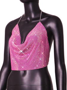 <strong>Sparkly</strong> Crystal Cowl Neck Backless Cami <strong>Top</strong> for Women Evening Party Clubwear Sleeveless Crop <strong>Vest</strong> Women's Cami <strong>Top</strong> - Product Image 2