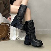 Bottes mi-mollet souples pour femmes en gros, bottes d'hiver antidérapantes à plateforme épaisse avec boucle en PU, logo personnalisé