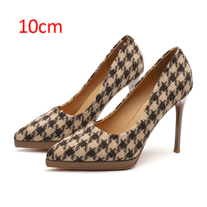 Korean Style Women's Elegant Suede <b>Pointed</b> Toe High Heels 10CM Fashionable Plaid Design Trendy Pumps for Party - Product Image 2