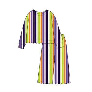 Ensemble décontracté pour filles, multi-rayures lumineuses, écologique, col rond, haut à manches courtes avec bordure festonnée, pantalon large assorti - Product Image 3