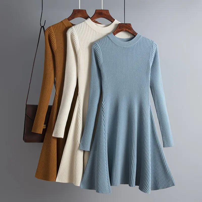 factory custom Dress Autumn Women's Knitted Long Sleeve Pure Color Slim Fashion A-line Skirt