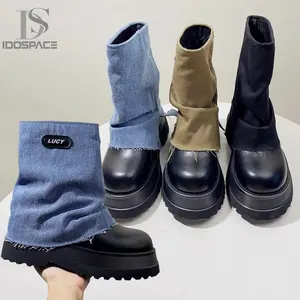 Idoit mùa thu mùa đông phụ nữ thời trang chắp vá Giày trượt trên nền tảng denim quần chân Chunky duy nhất khởi động cắt jean khởi động phụ nữ