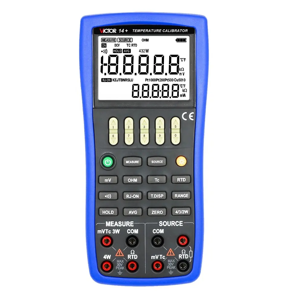 測定およびソース機能を備えたVICTOR14RTS温度校正器2線式、3線式、4線式接続またはオームおよびRTD測定