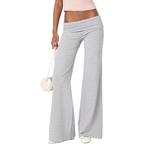 Pantalons de sport gris sur mesure en gros, tenues de fitness, pantalons à jambes larges pour femmes, pantalons à revers - Product Image 4