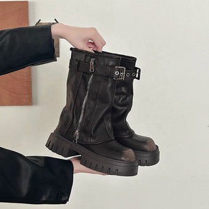 Bottes mi-mollet femme automne 2025 marron style rétro britannique western à enfiler avec fermeture éclair, talons plats épais en coton, semelle antidérapante en caoutchouc - Product Image 4