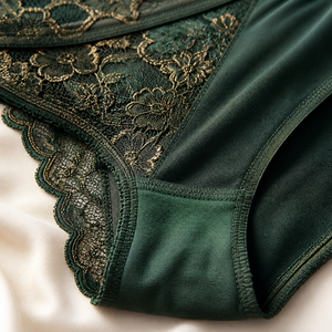 Culotte Femme en Dentelle Coupe Française Taille Haute, Broderie Florale Vert Forêt Rétro, Silhouette Allongeante, Tricotée, Élégante - Product Image 4