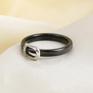 Ceramic <b>Couple</b> <b>Ring</b> 4MM Black White Zircon Inlaid Belt Buckle Design For Women Engagement Jewelry - Product Image 2