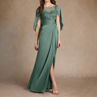 Robe de soirée élégante en satin et dentelle ZYHT 73982 pour la mère de la mariée, à manches courtes, fendue, pour invitées de mariage, tenue de soirée formelle