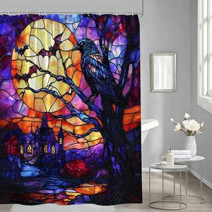 ม่านกระจกสี3D สำหรับห้องอาบน้ำรูปอีกาน่ากลัวลายค้างคาวสีดำพร้อมตะขอสำหรับตกแต่งบ้านห้องน้ำที่น่ากลัว - Product Image 5