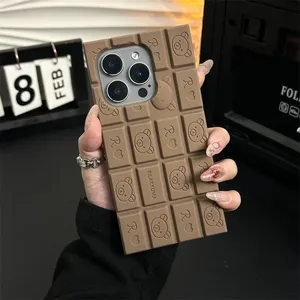 Casing silikon iPhone, untuk iPhone 15 14 13 12 Pro Max 11 16 Pro Max cokelat beruang kucing 3D kartun casing ponsel lucu penutup silikon lembut - Product Image 1