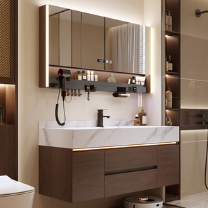 New light luxury style <b>walnut</b> slate hot-bent integrated basin bathroom cabinet combination washbasin cabinet - Product Image 2