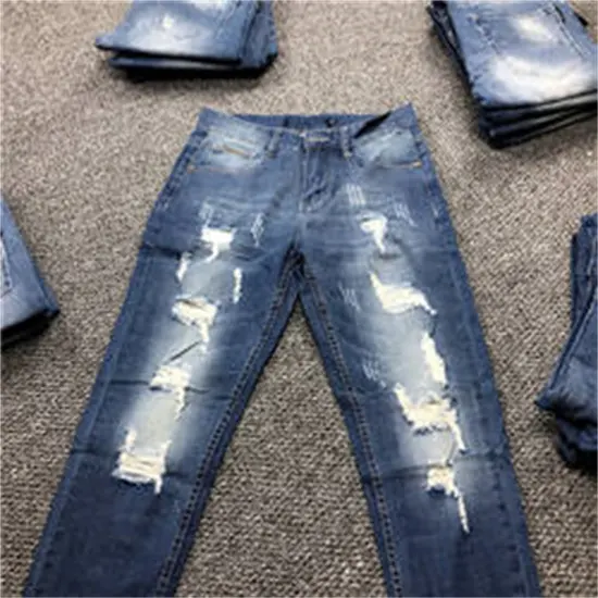 Destruído jeans jeans para homens, moda em estoque, destruído, rasgado, jeans de brim, destruído, menor estoques baratos de liquidação