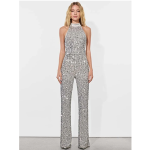 Women's Elegant Sexy Anti-Wrinkle Rhinestone Sequin Stand Collar <b>Jumpsuit</b> Regular Fit Flare-Leg Formal <b>Party</b> Summer Solid Nylon - Product Image 3