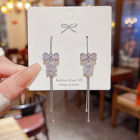Boucles d'oreilles tendance en zircon avec nœud et pampilles longues, style coréen, pour influenceuses, passe-partout
