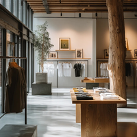 Support d'exposition pour vêtements pour hommes, style minimaliste, lumière naturelle, luxe, combiné à un éclairage doux et à une texture bois