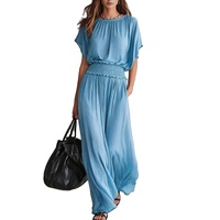 Robe longue en mousseline de soie pour femme, manches chauve-souris courtes, taille élastiquée smockée, plissée, fluide, pour l'été et la plage