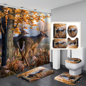 Ensemble de tapis de salle de bain antidérapants de luxe personnalisés en 4 pièces, classique, imperméable, en polyester imprimé, pour toutes les saisons, rideau de douche pour la maison - Product Image 1