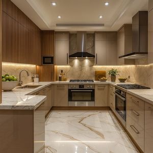Cuisine modulaire de luxe de type C avec finition en marbre, panneaux en bois, rangement intelligent et intérieur moderne élégant - Product Image 3