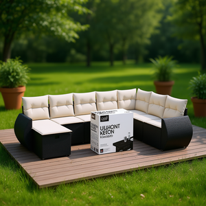 Ensemble de canapés de jardin noir et crème, meubles d'extérieur en rotin avec coussins en mousse haute densité, design contemporain, imperméable - Product Image 2