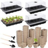 Kit de 4 plateaux de semis rectangulaires avec pots en tourbe biodégradable, trous de drainage, étiquettes et couvercles - Noir