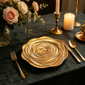 <span class=keywords><strong>Assiette</strong></span> de Présentation PP Dorée Électrolytique de Luxe, Tendance et Durable, avec Technique Pigmentée, Style Américain, Motif Rose Personnalisé - Product Image 3