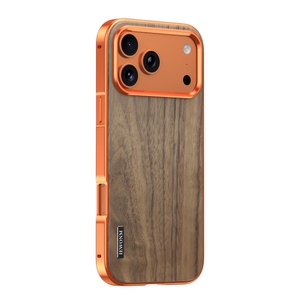 Custom Walnut Wood Back Panel Magnetic Mobile Phone Cases for iPhone 17 16 <b>Pro</b> Max Aluminum Alloy Frame Shockproof Cover - Product Image 1