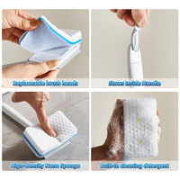 Brosse de nettoyage pour vitres de douche domestiques avec tampons éponge nano magiques remplaçables, raclette intégrée et long manche pour effacer les taches de carrelage